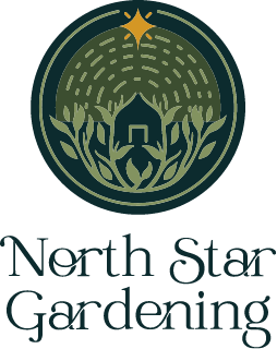 Logo for North Star Gardening featuring stylized green leaves encircling a house, with a bright gold star above and a circular pattern in the background. The text “North Star Gardening” is below the graphic.