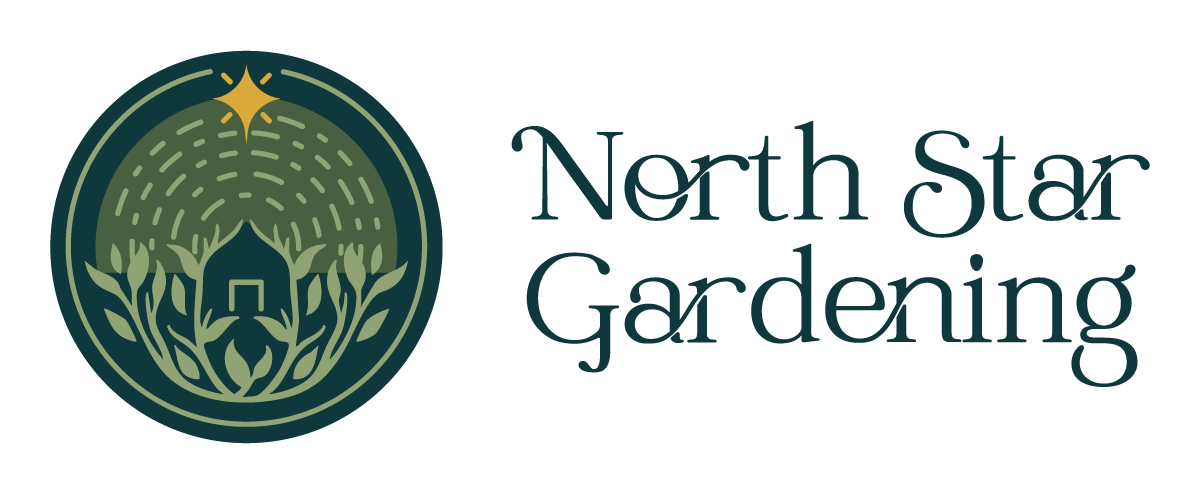 Logo for North Star Gardening featuring stylized green leaves encircling a house, with a bright gold star above and a circular pattern in the background. The text “North Star Gardening” is below the graphic.